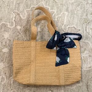 Elegant Tan Woven Purse with Floral Scarf